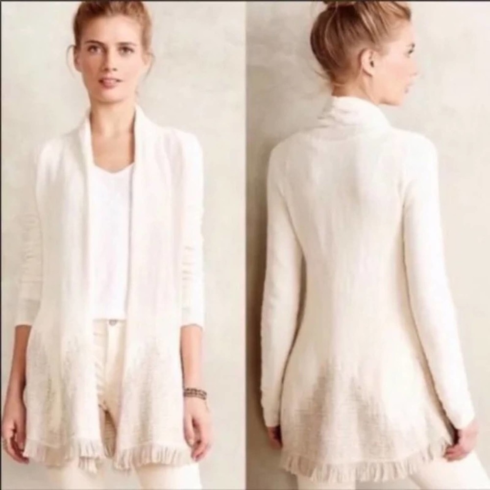 ANTHROPOLOGIE Moth Nevis Fringe Cardigan Sweater Ivory Size Medium